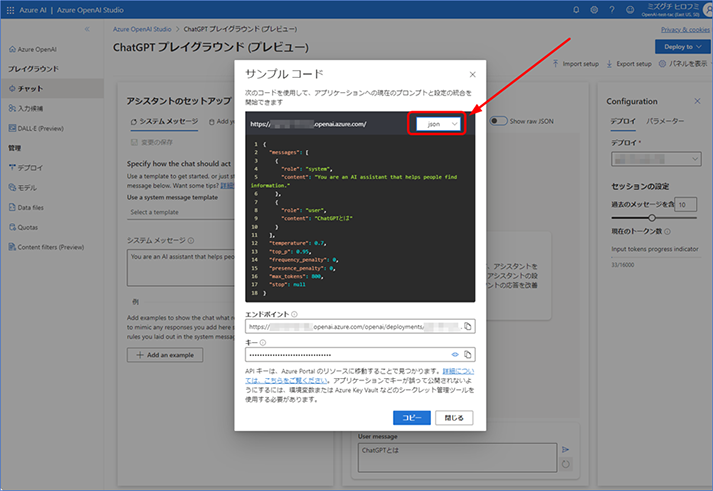 サンプル コードが表示されたら、json 形式に変更します。