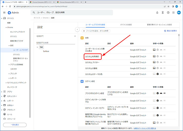 [全般] セクションに表示されている [カスタム利用規約] をクリックします。