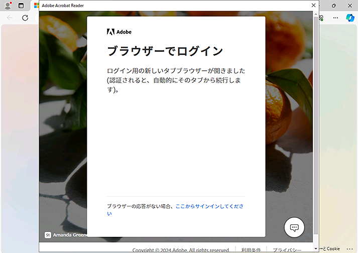 [ブラウザでログイン] のポップアップが表示されたら、開かれたブラウザに移動します。